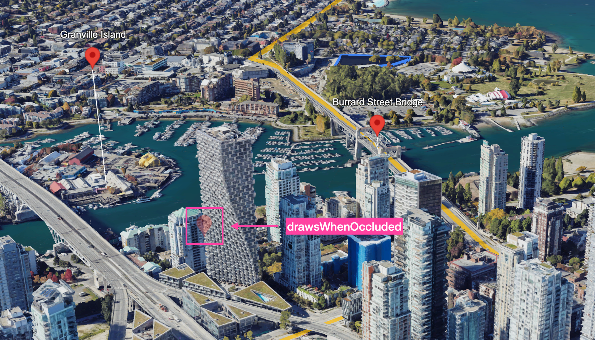 Red map marker in the middle with drawsWhenOccluded set to true