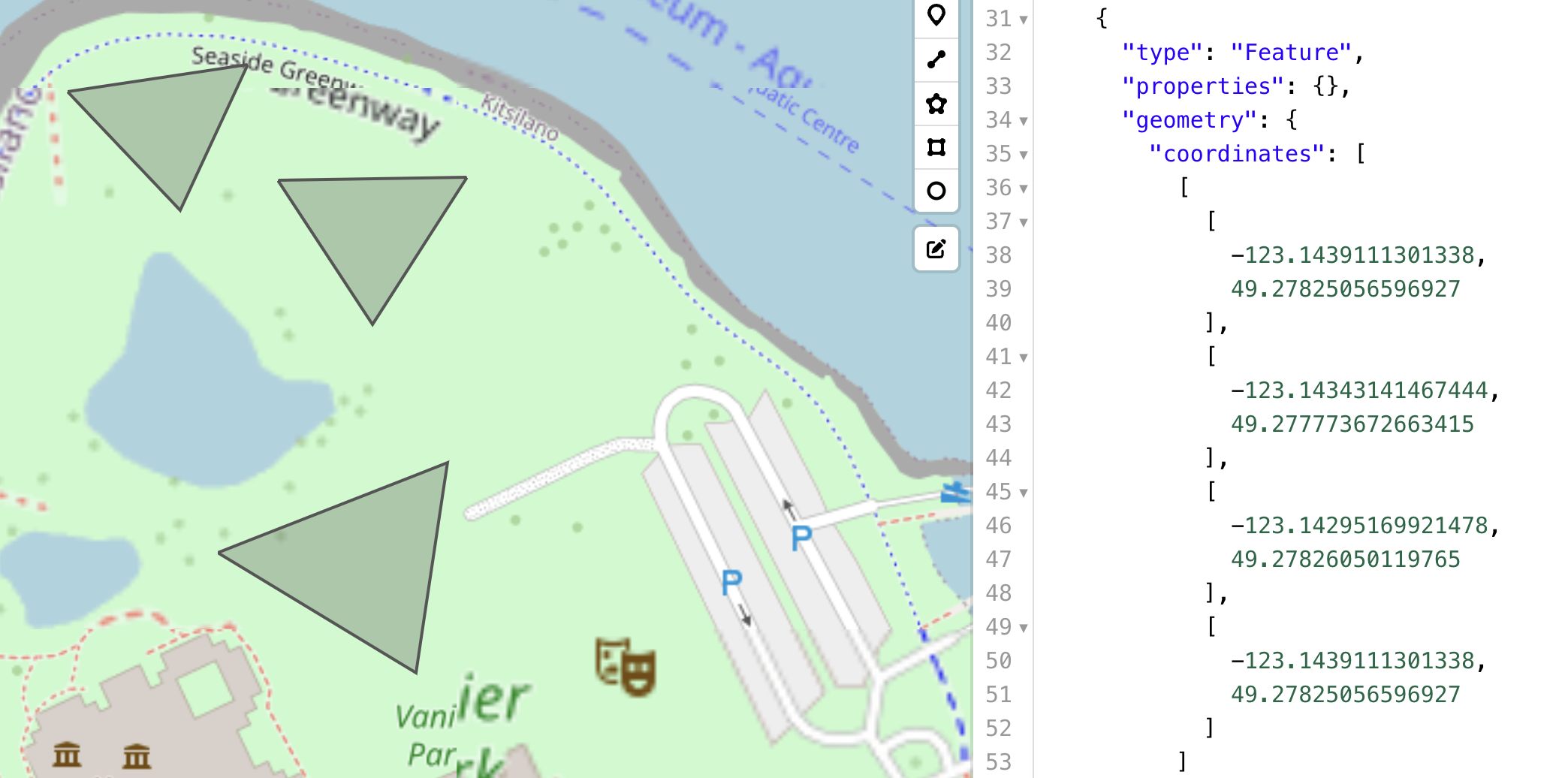 You can use geojson.io to map building boundaries into a GeoJSON array
