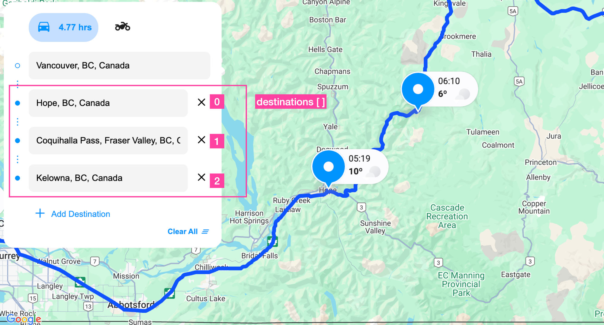 Adding waypoints to a route using the route builder UI