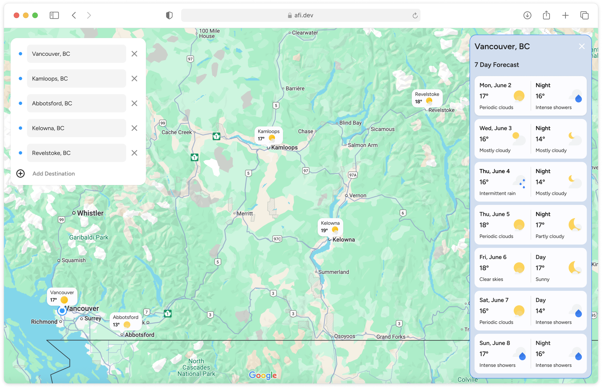 The Google Maps Weather app with several locations in British Columbia selected