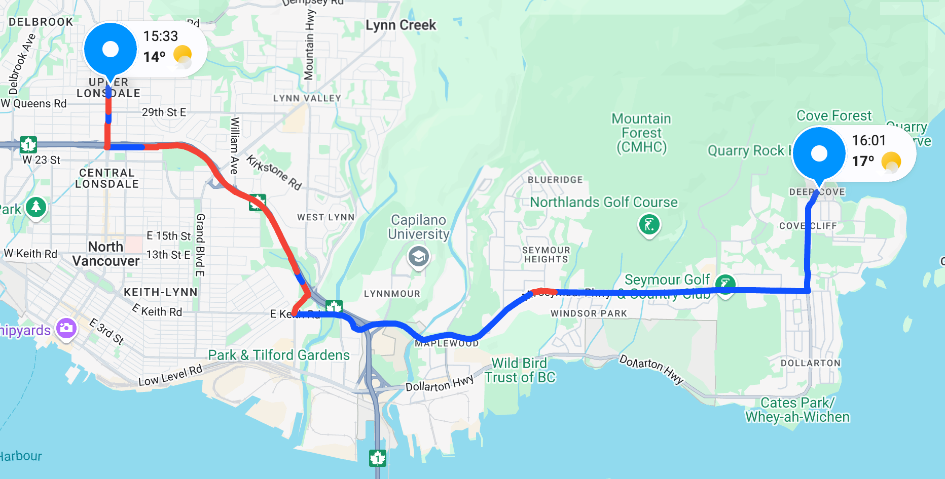 Traffic aware route polylines returned by the Google Routes API