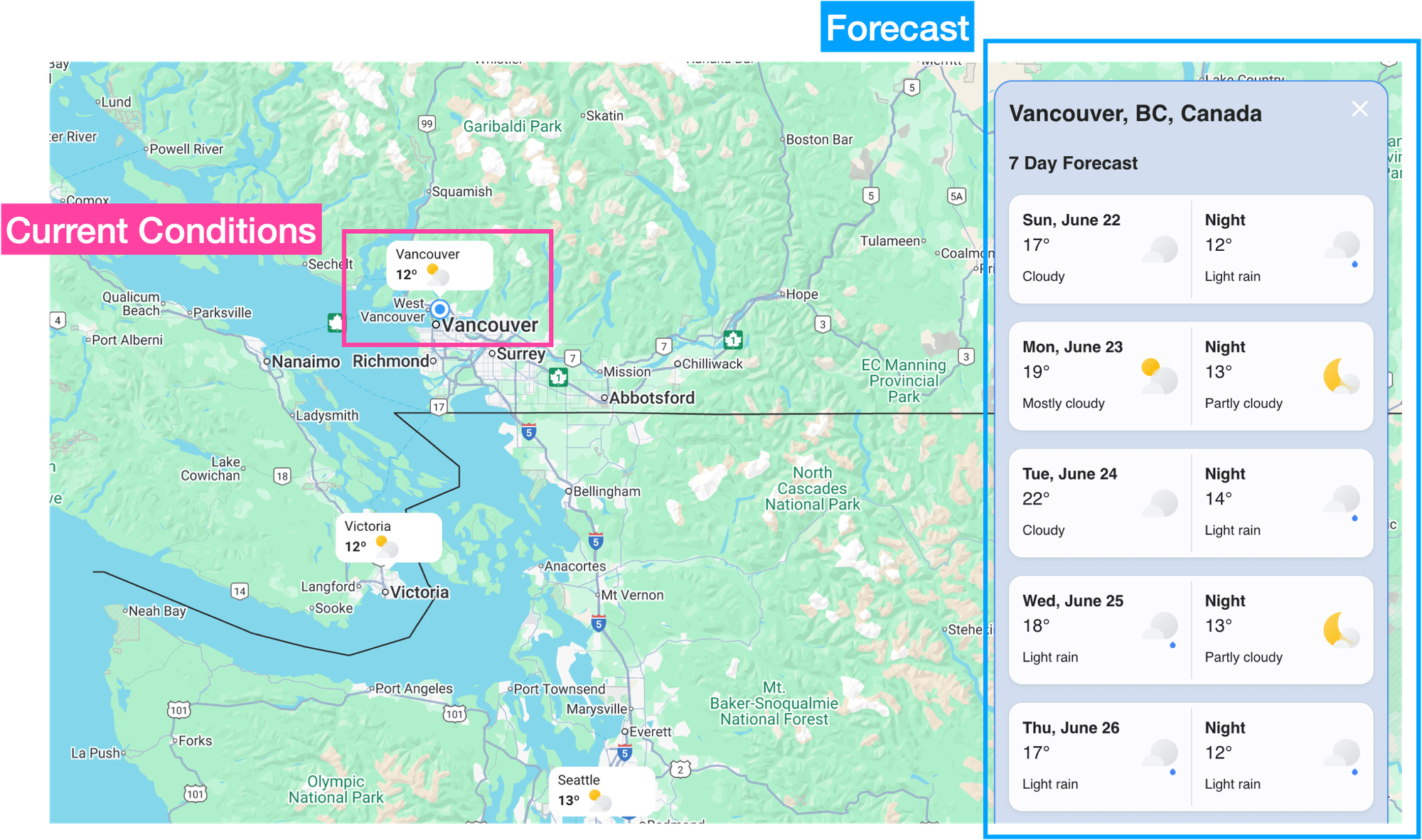 The Current Conditions and Forecast endpoints of the Google Weather API