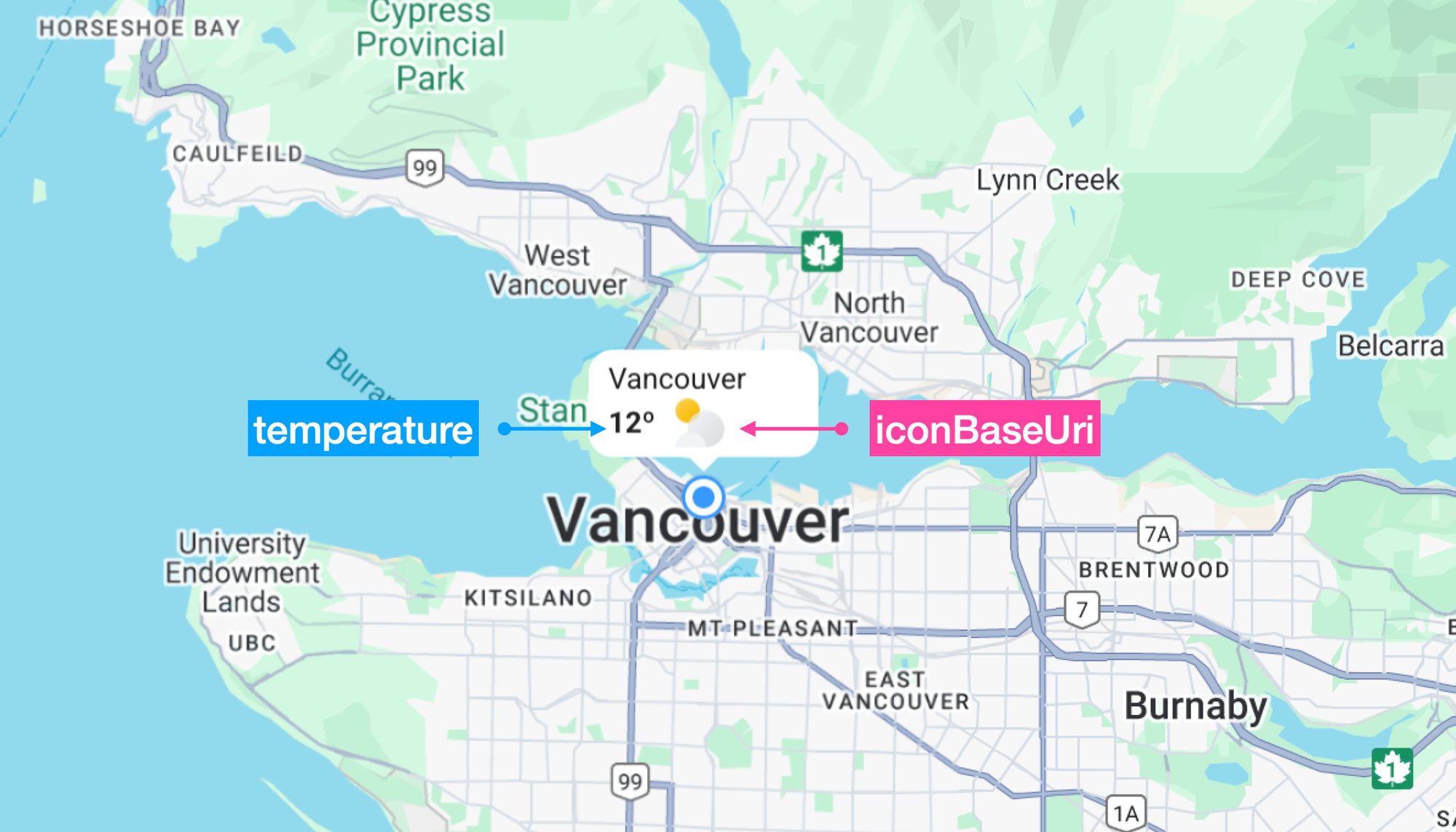 Marker element used to display the location name, temperature and weather