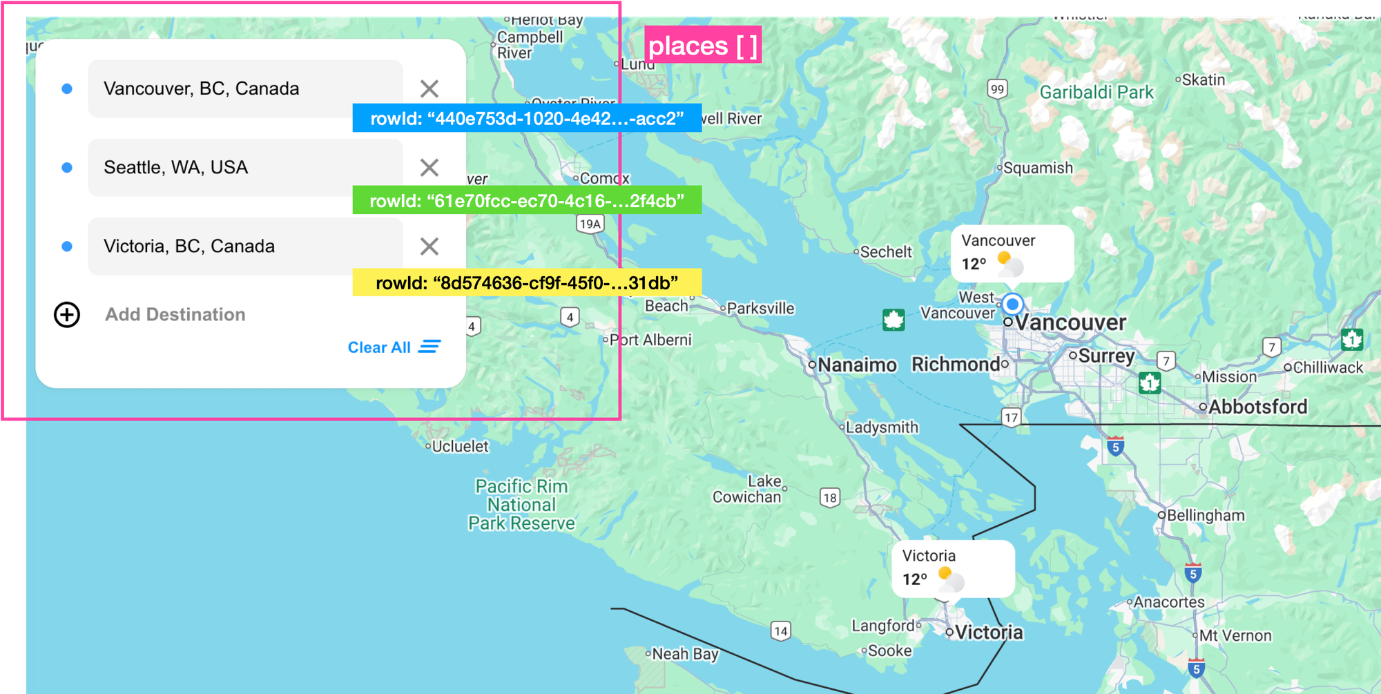Unique row ids are used to identify each location in the side bar