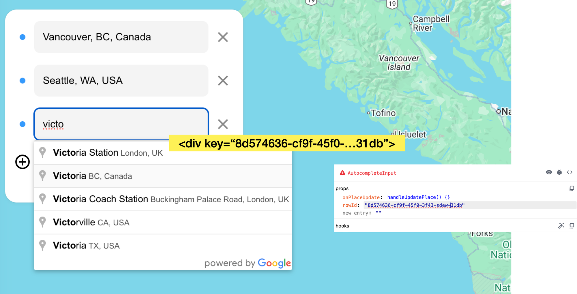 Binding Google Place Autocomplete results with unique row ids 