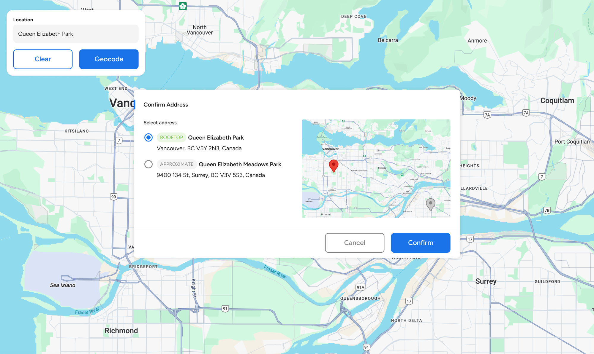 Address validation using the Google Geocoding API