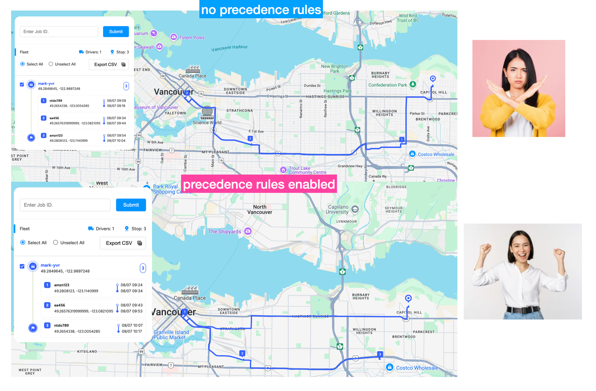 Same route, but the one below uses precedence rules to force a different sequence of stops
