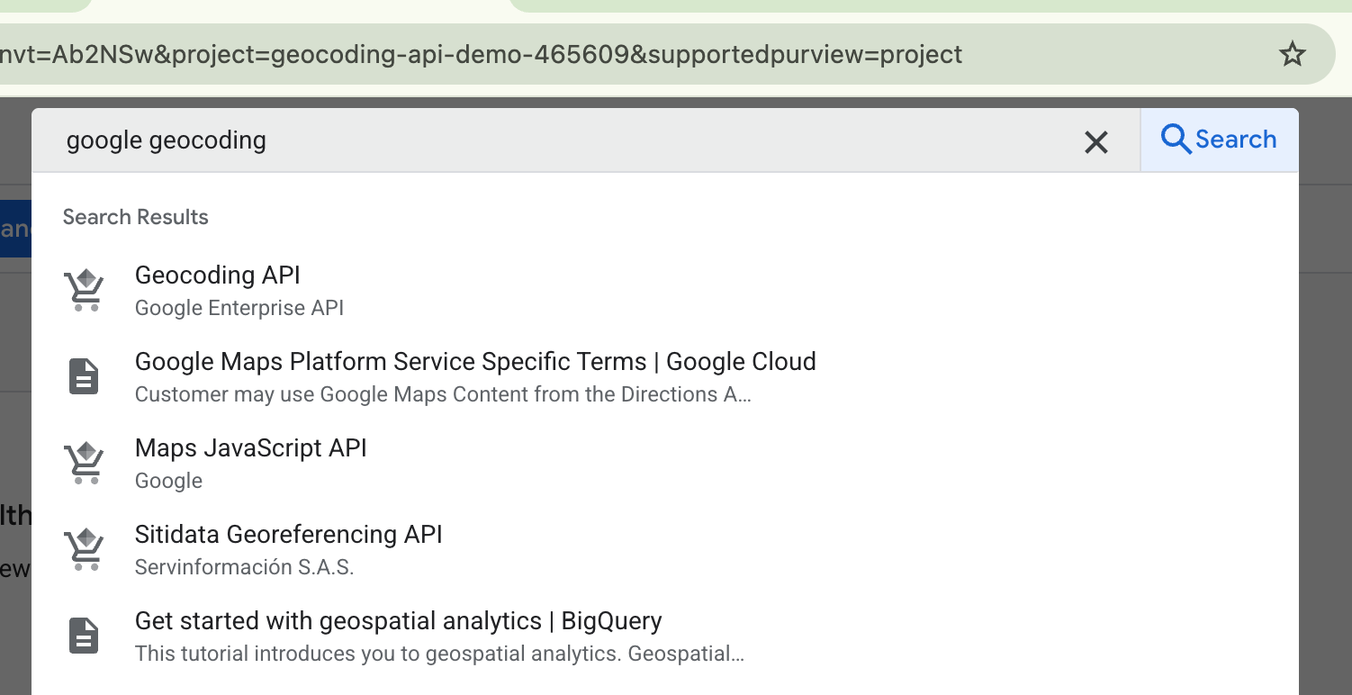 Searching for the Geocoding API on the GCP Console