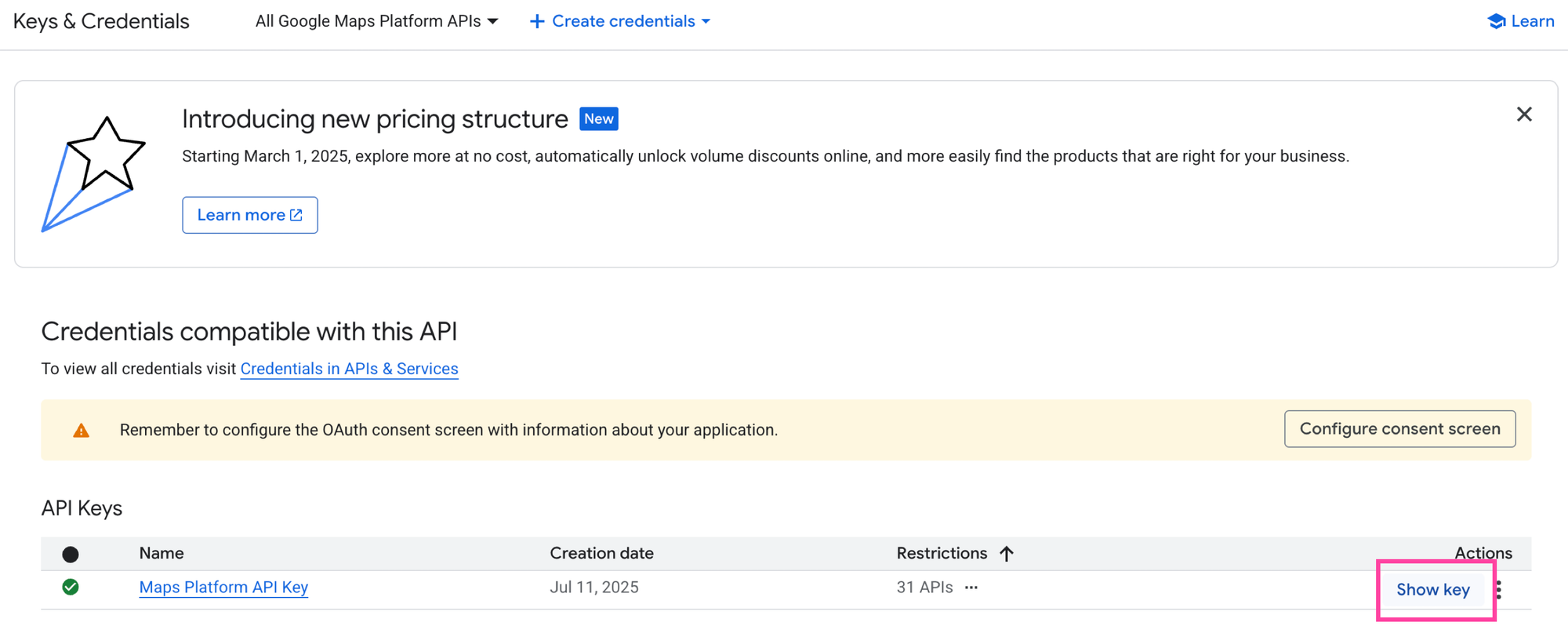 Retrieving your Geocoding API enabled API key from the GCP Console