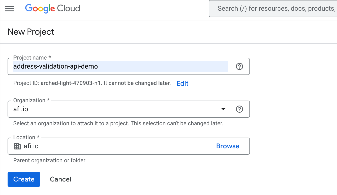 Create a new GCP project. to test the Google Address Validation API