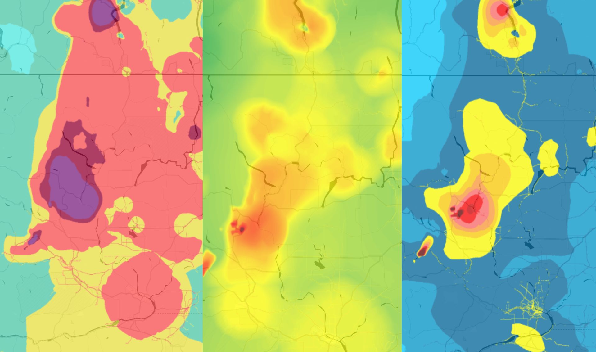 Different AQI heatmaps for the same wildfire event in Washington State