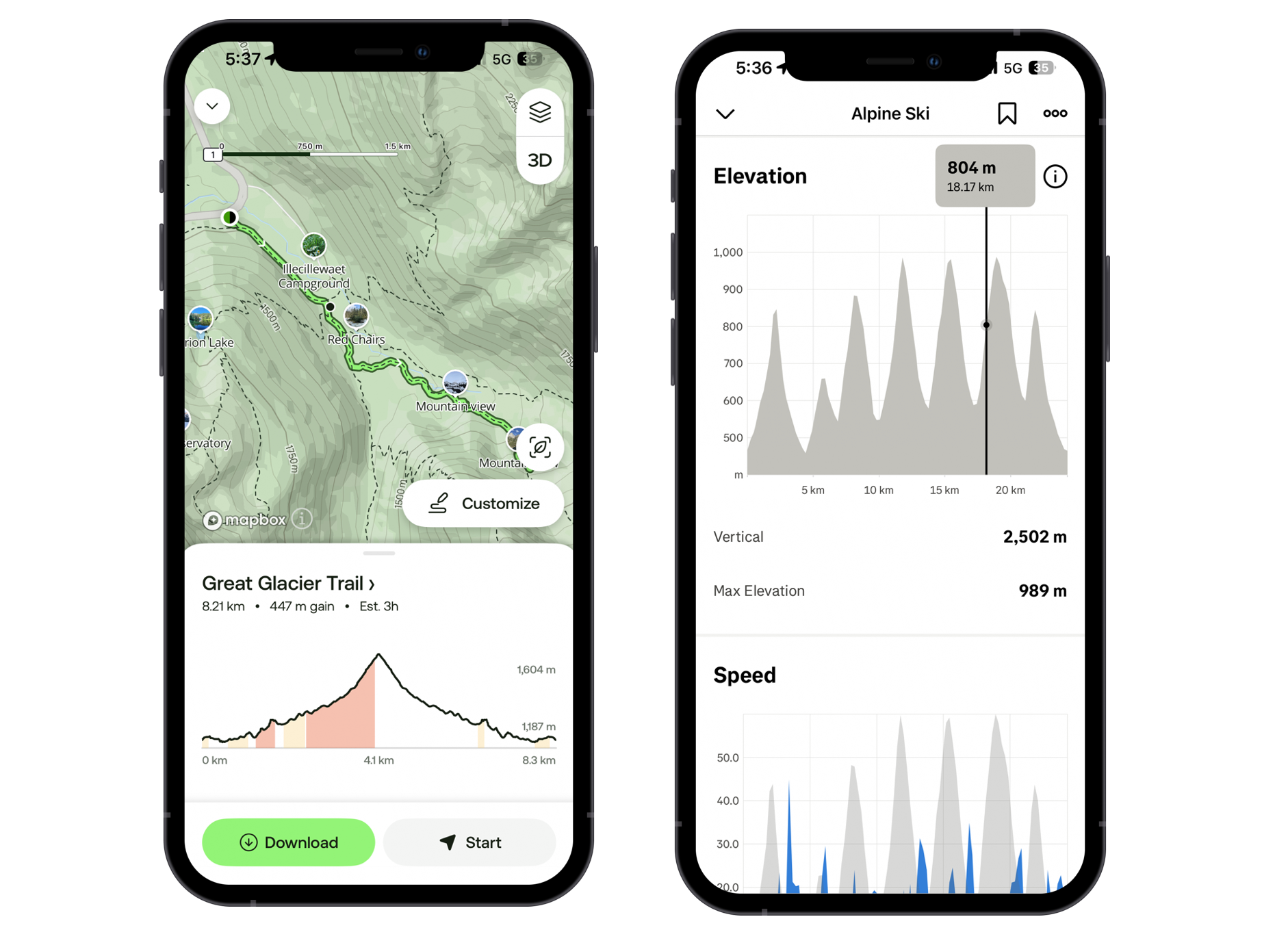 Elevation data used in Strava (right) and AllTrails (left)