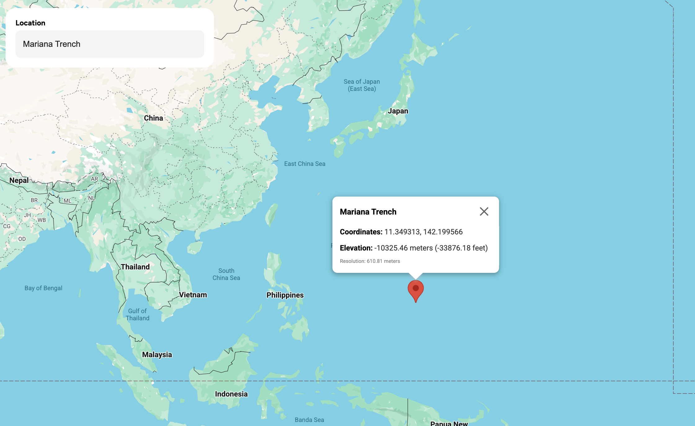 The Google Elevation API handles negative elevation as well