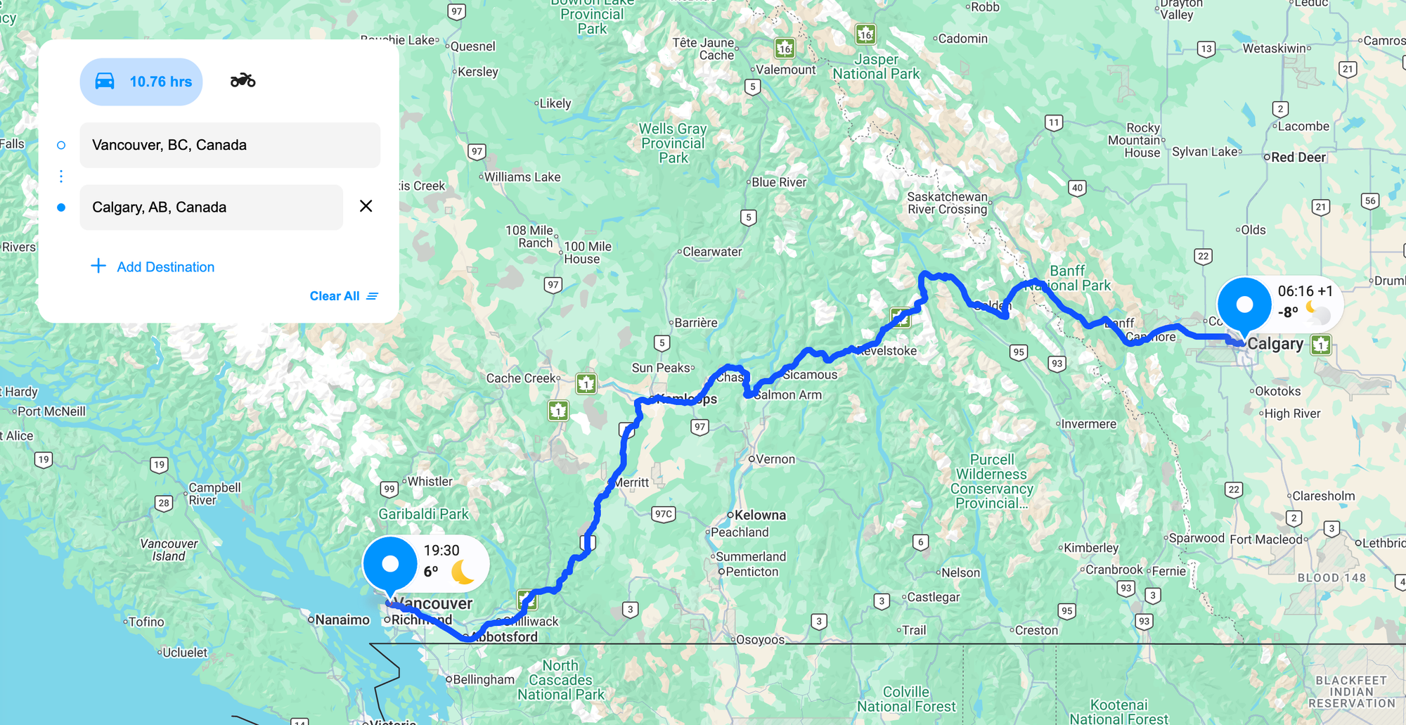 A long distance route that uses the time zone API to show arrival times
