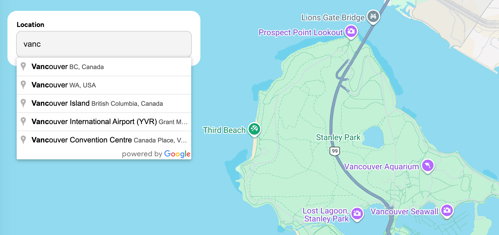 Using Google places autocomplete to select a location on the map