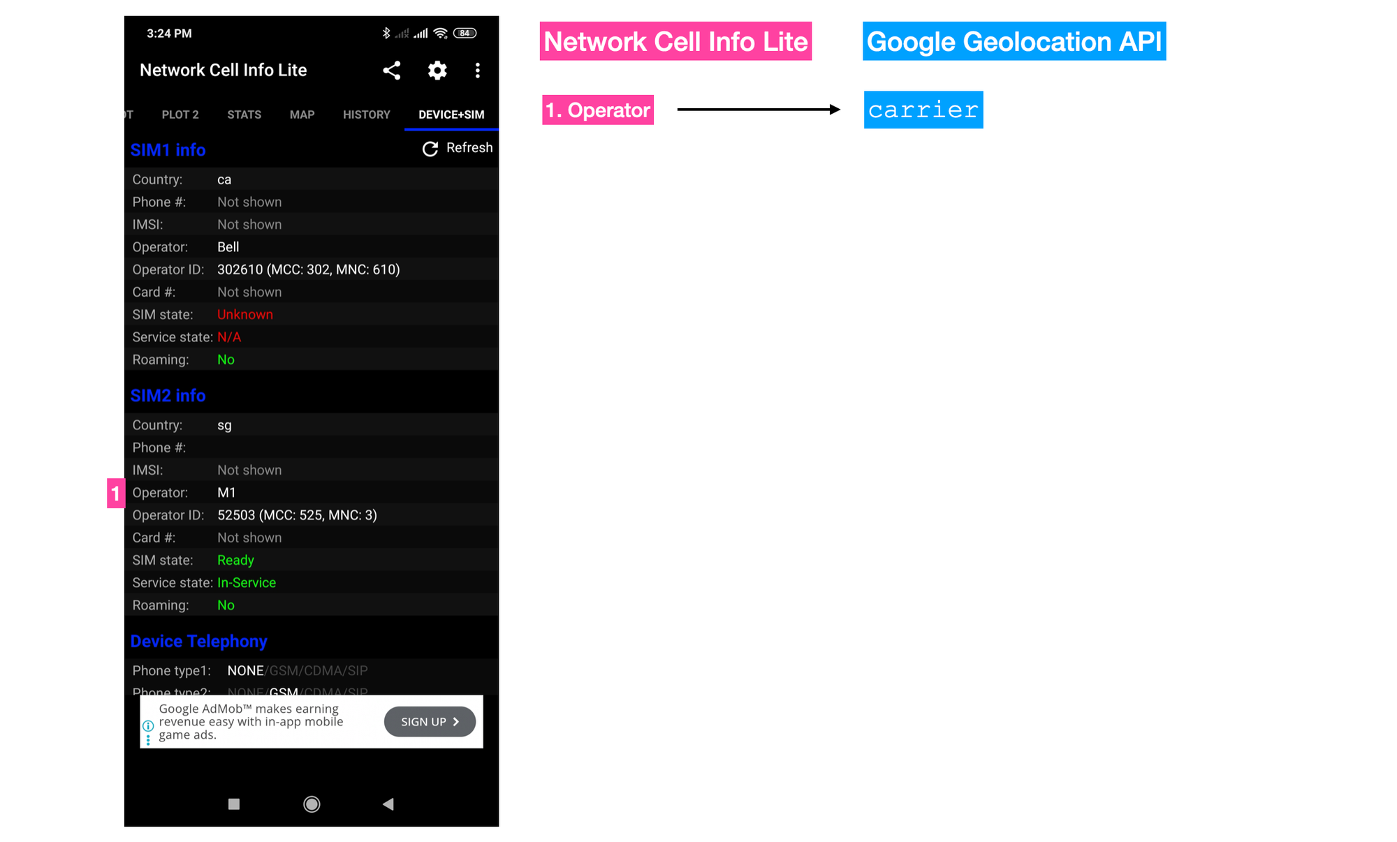 The device+sim tab on the Network Cell Info Lite Android app