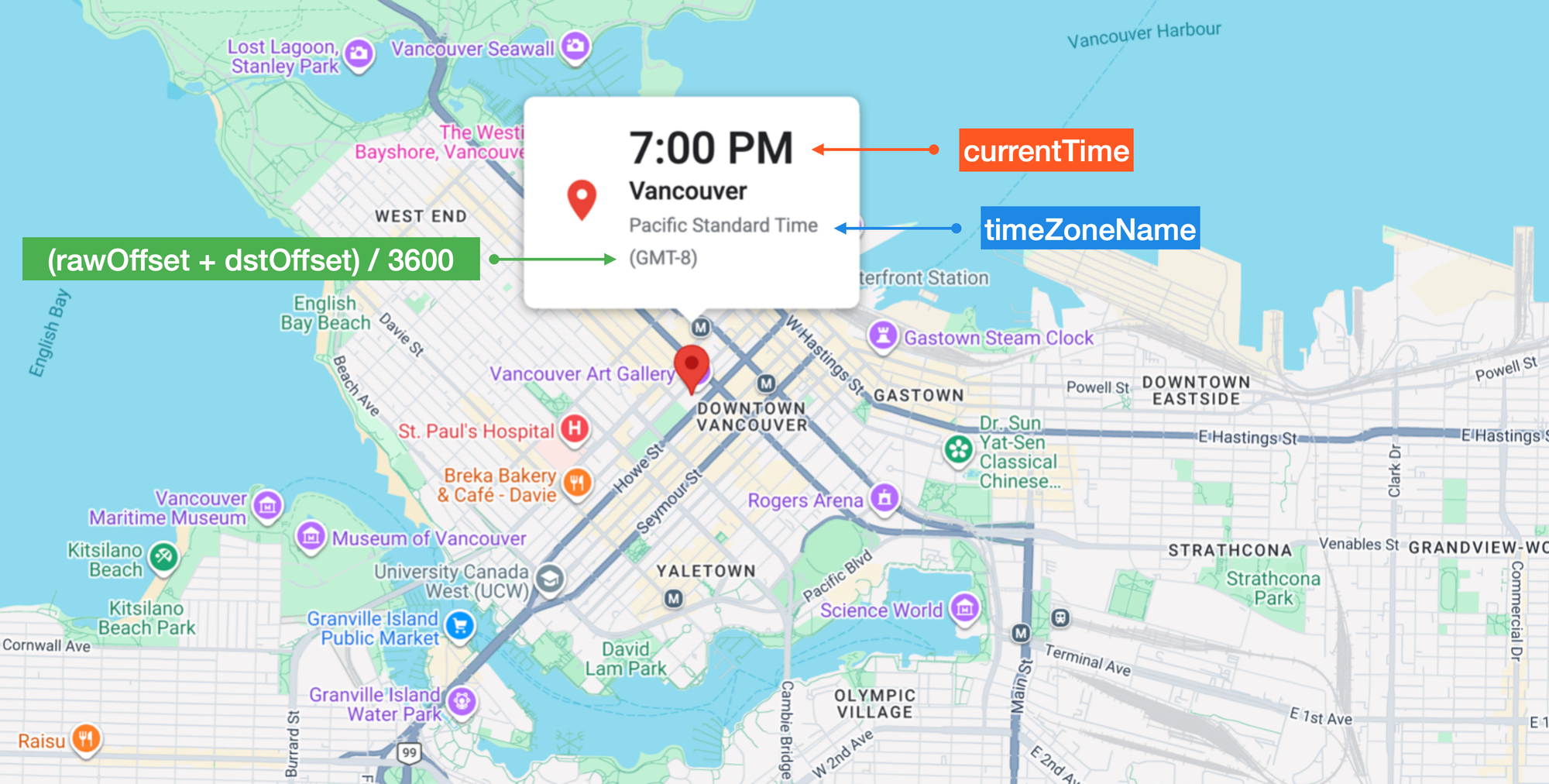 Displaying time zone information in an info window component