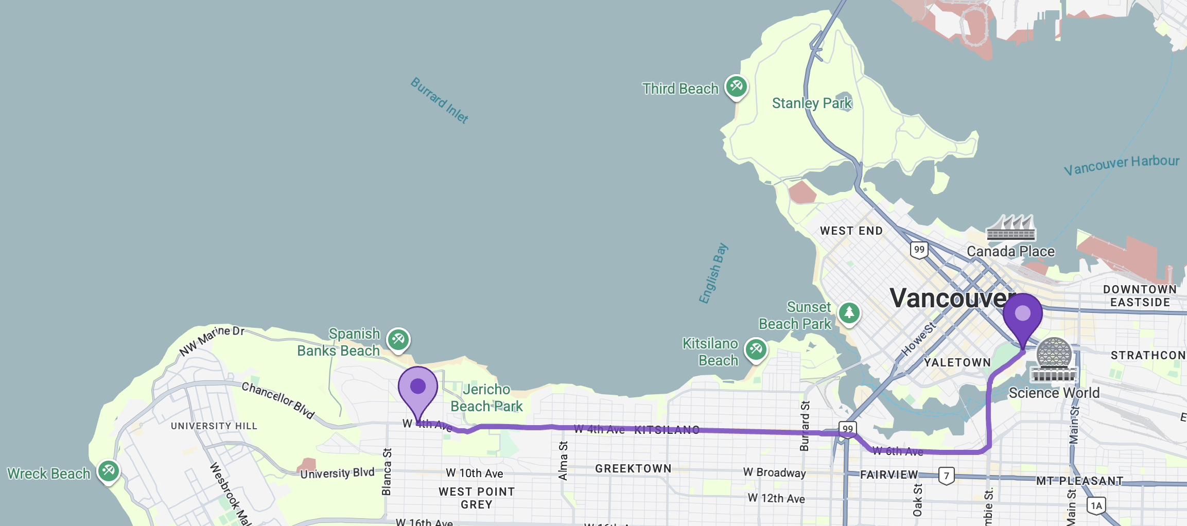 A styled Google Maps polyline (purple) with two markers