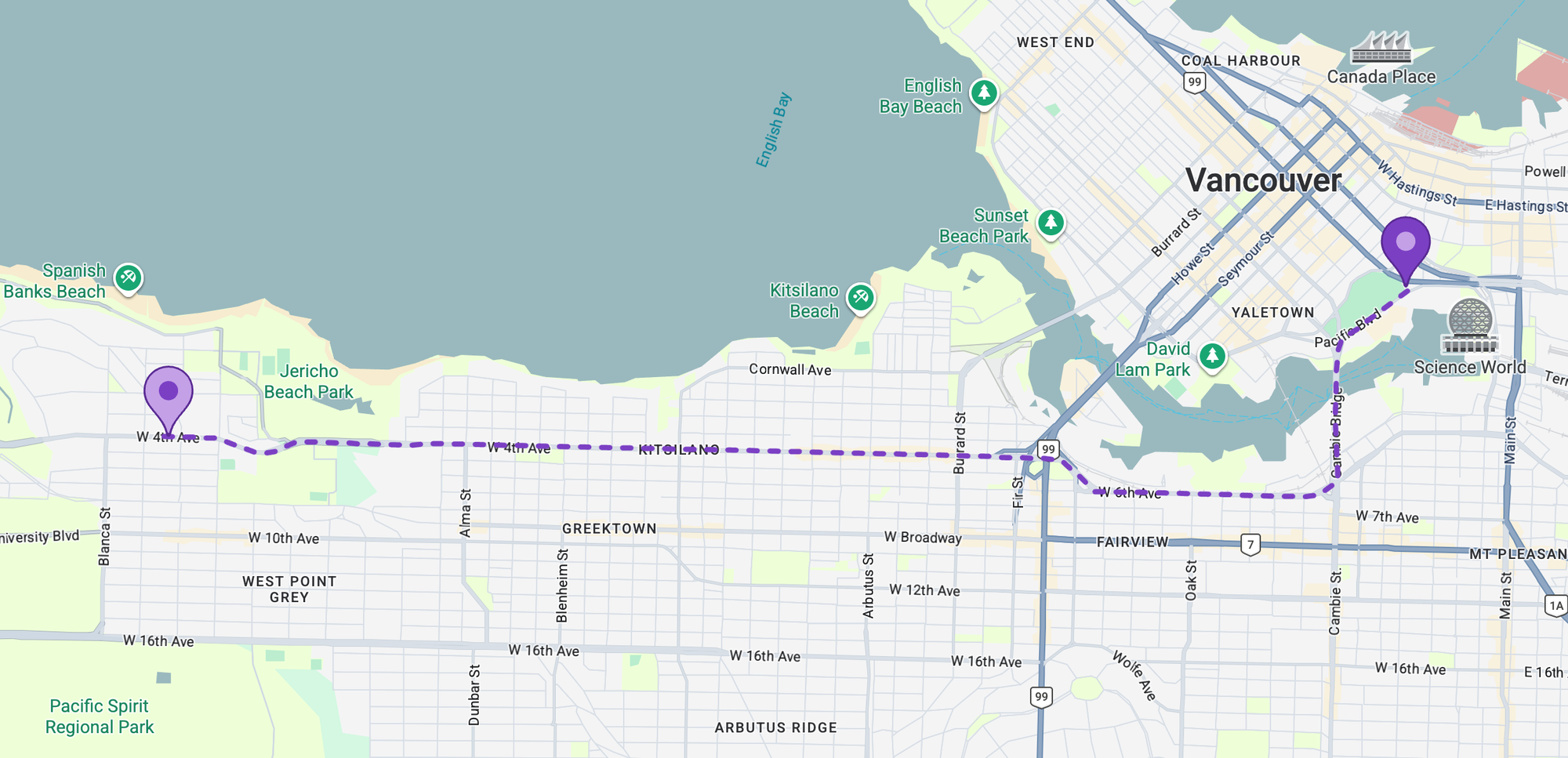 The Google Maps polyline rendered as a dashed line