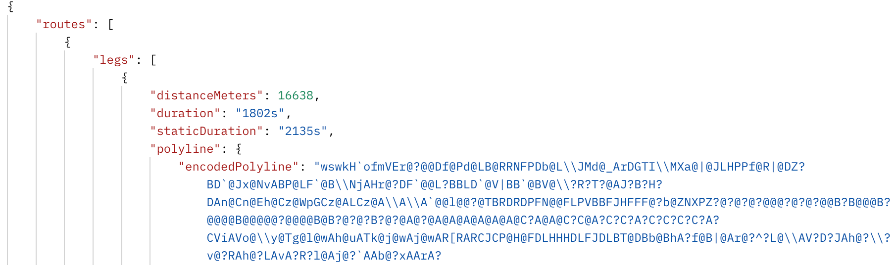 The response from the Routes API includes an encoded polyline string