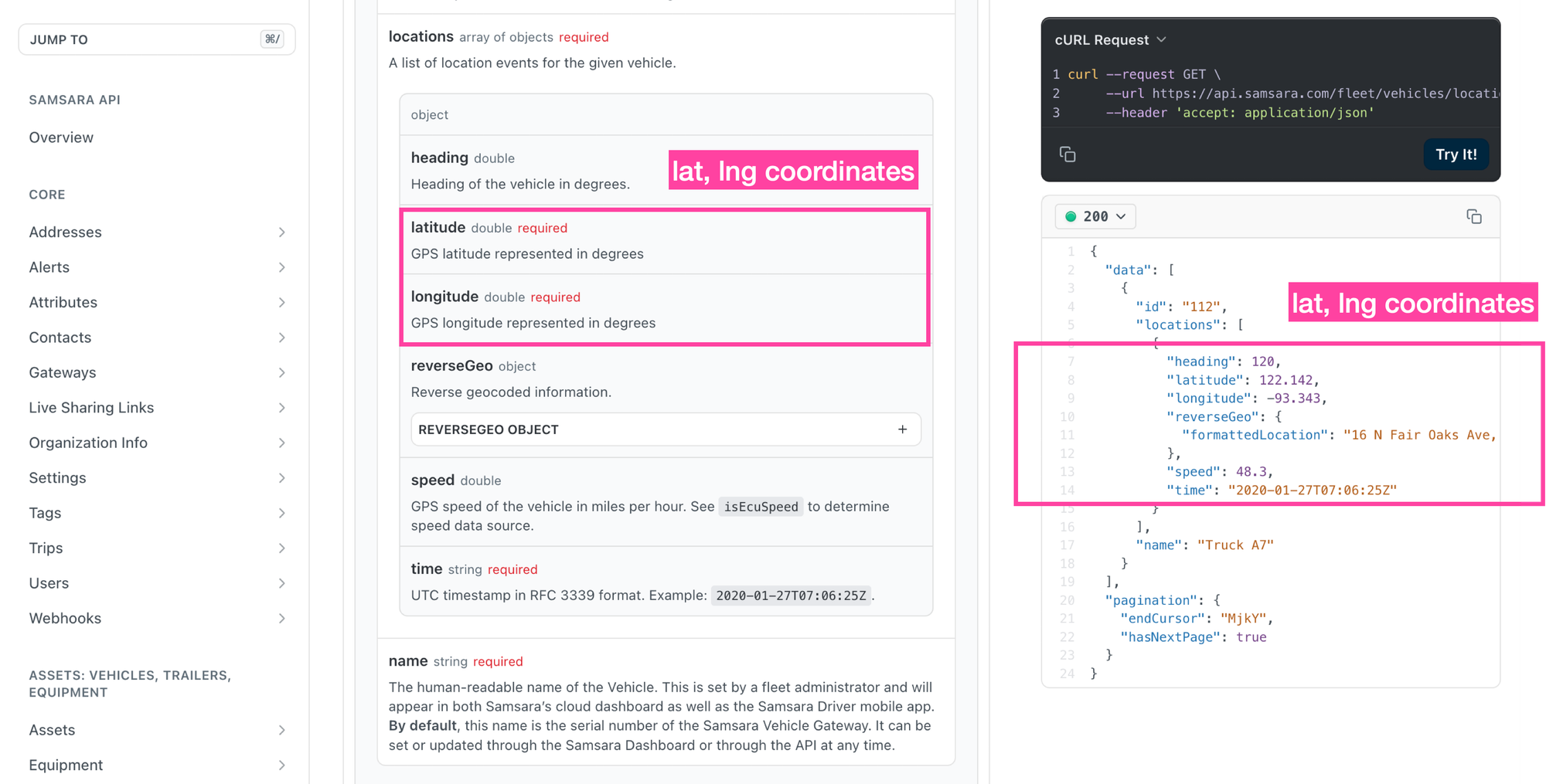 Retrieving GPS coordinates using the Samsara API