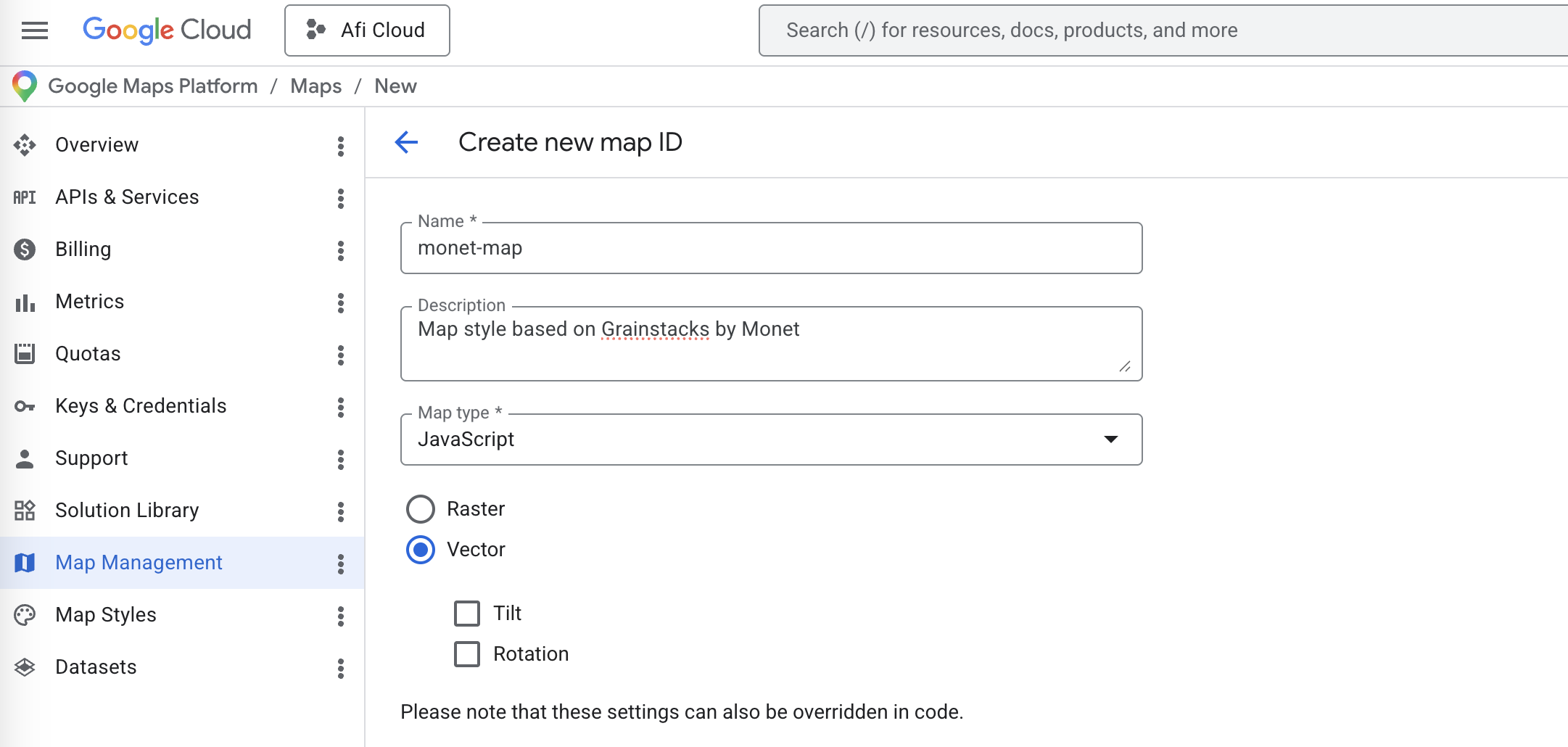 Creating a new map in the Google Cloud Console