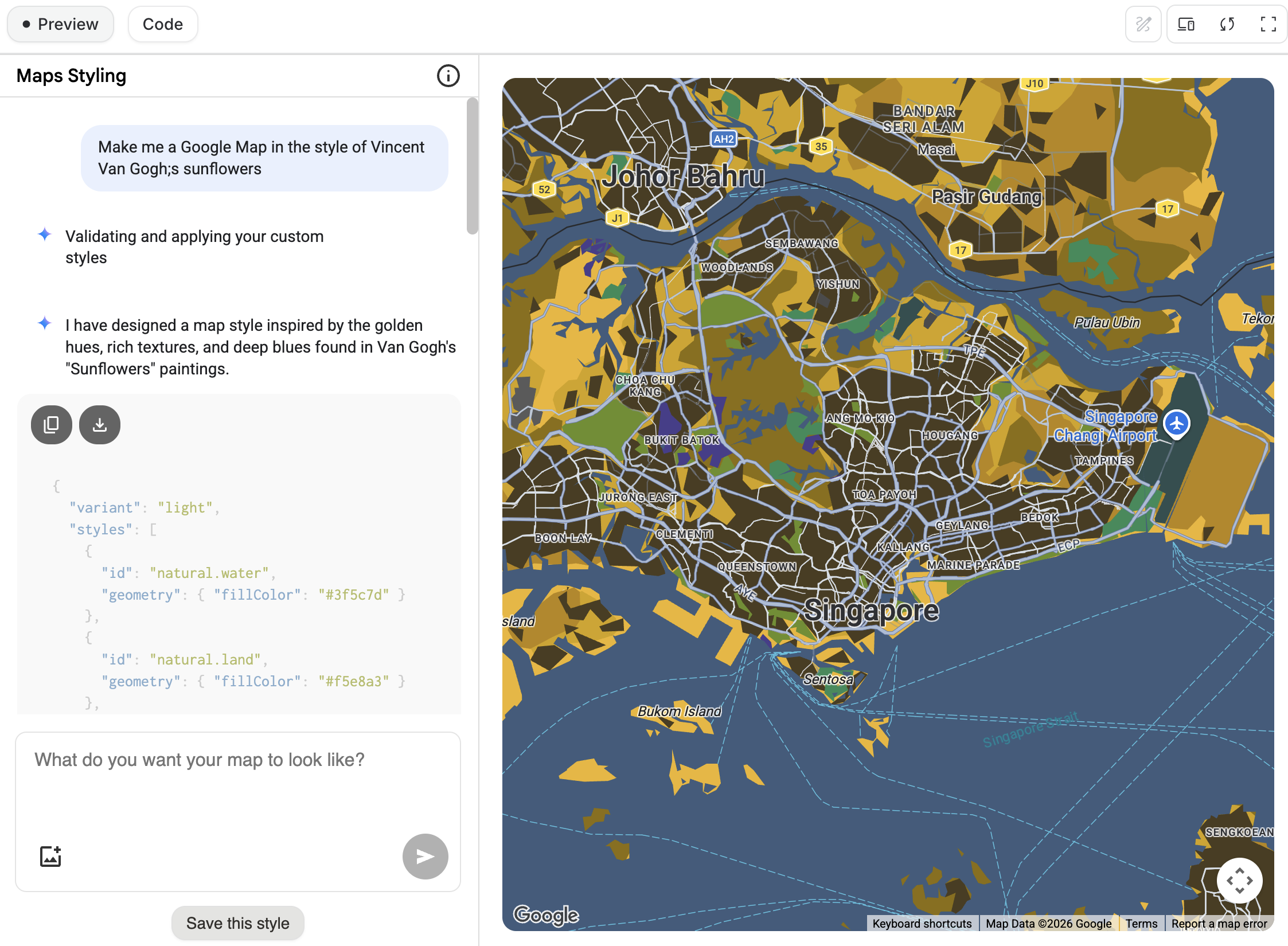 Using Google AI studio to create a map style