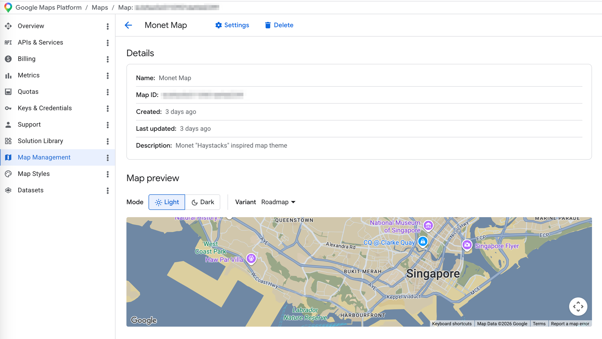 Successfully applying a map style to a Map ID in the Google Cloud Console