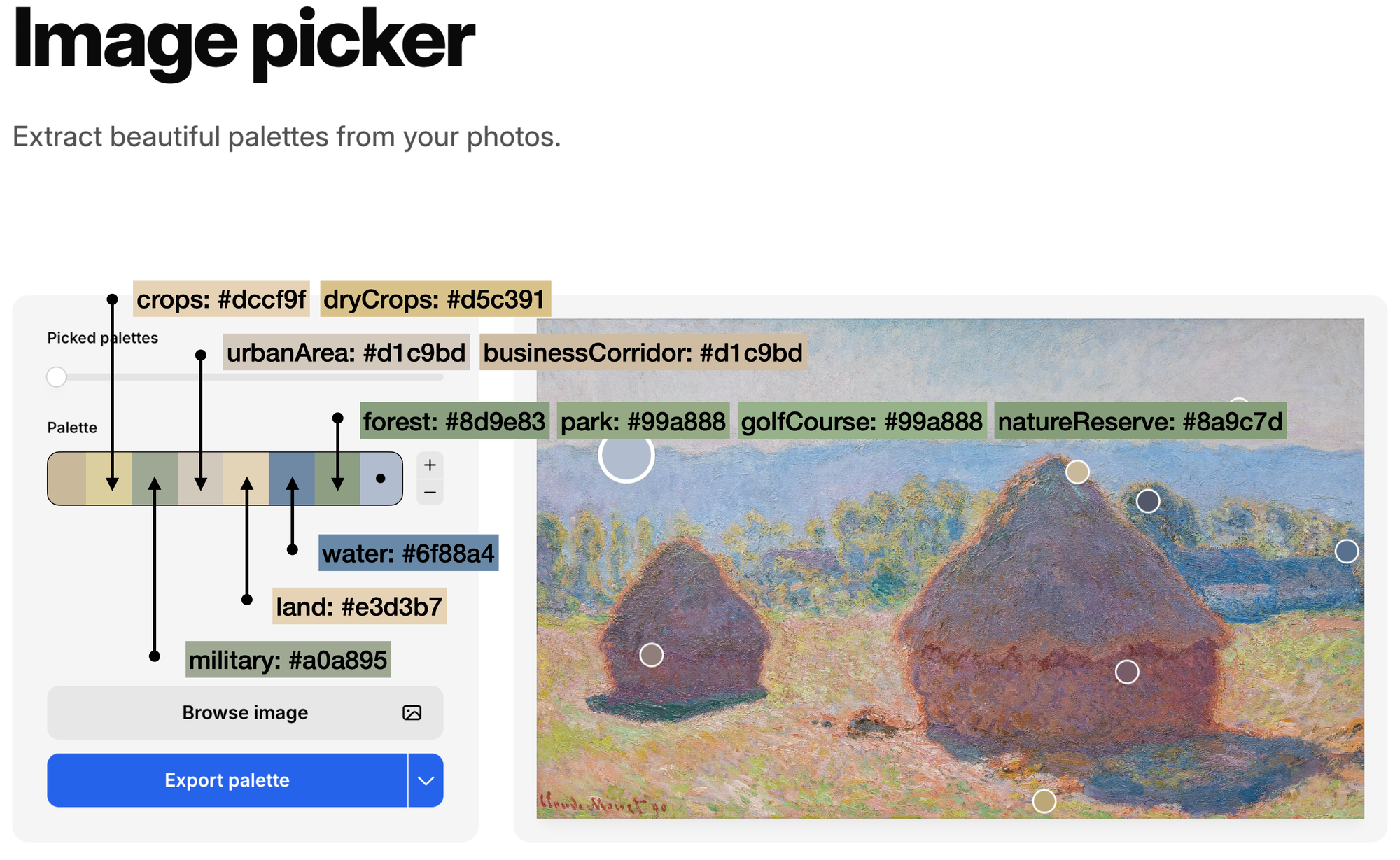 Using the coolors.co image picker to extract dominant colors from a Money painting