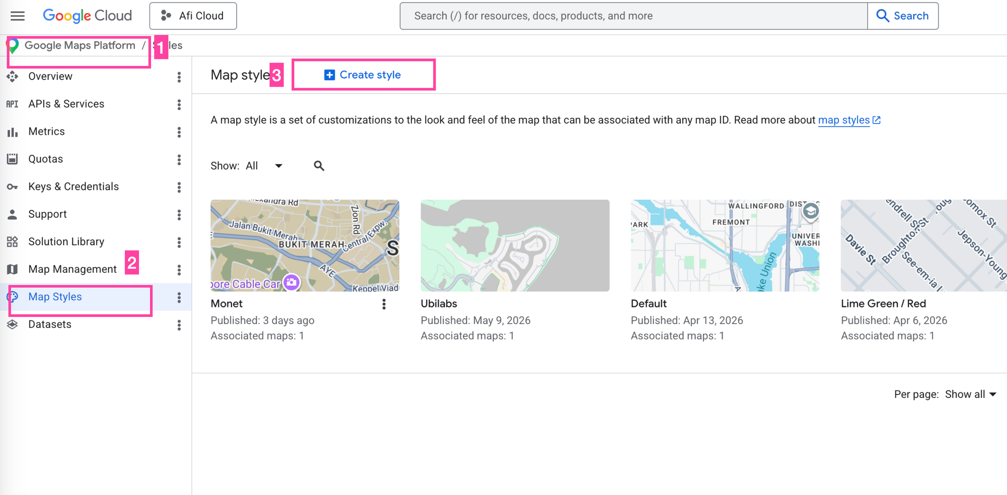 Creating a new map style in the Google Cloud Console