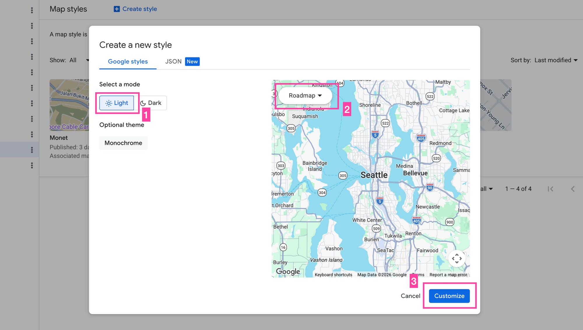 Customizing a new map style in the Google Cloud Console