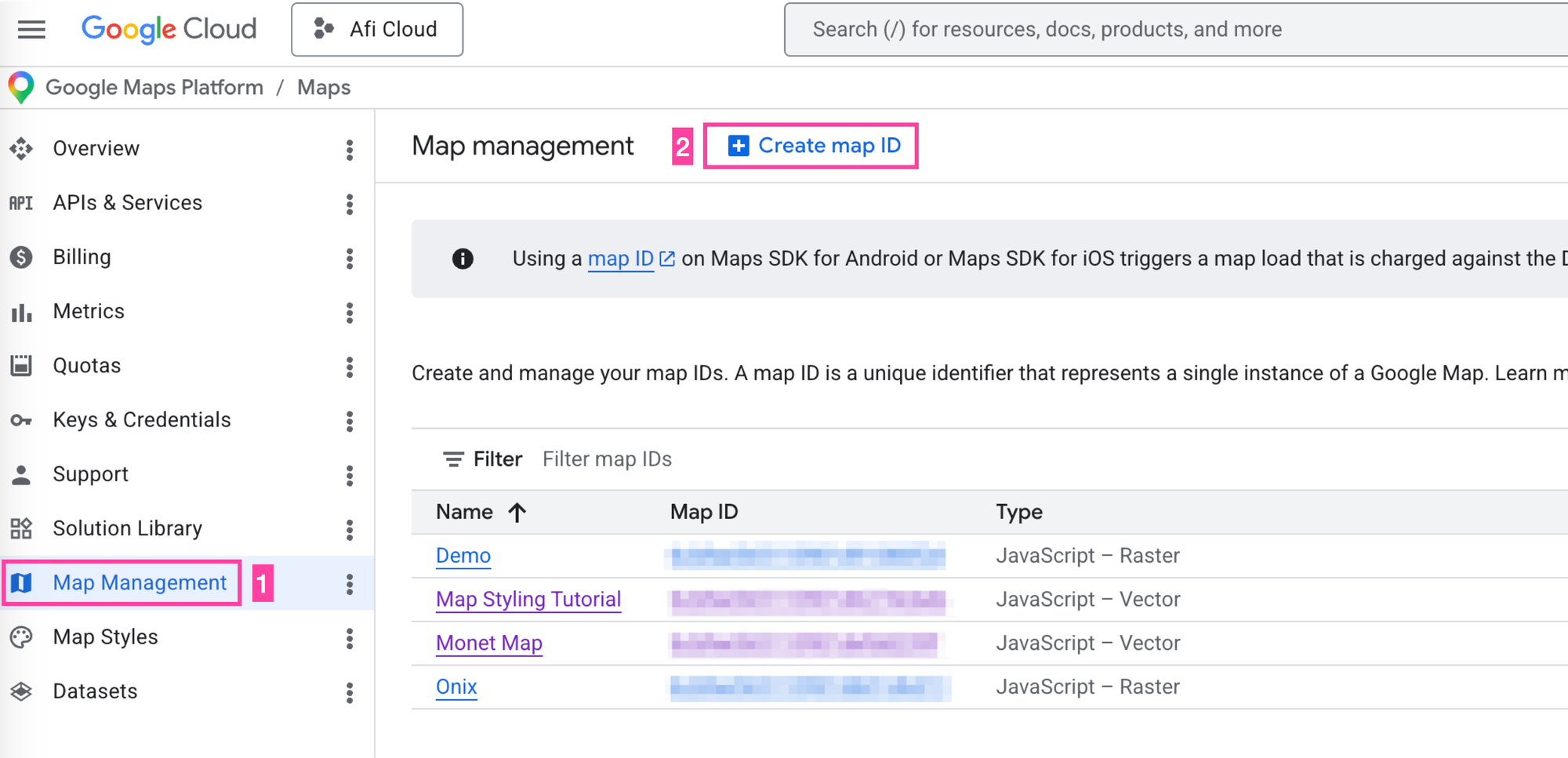 Creating a new map in the Google Cloud Console