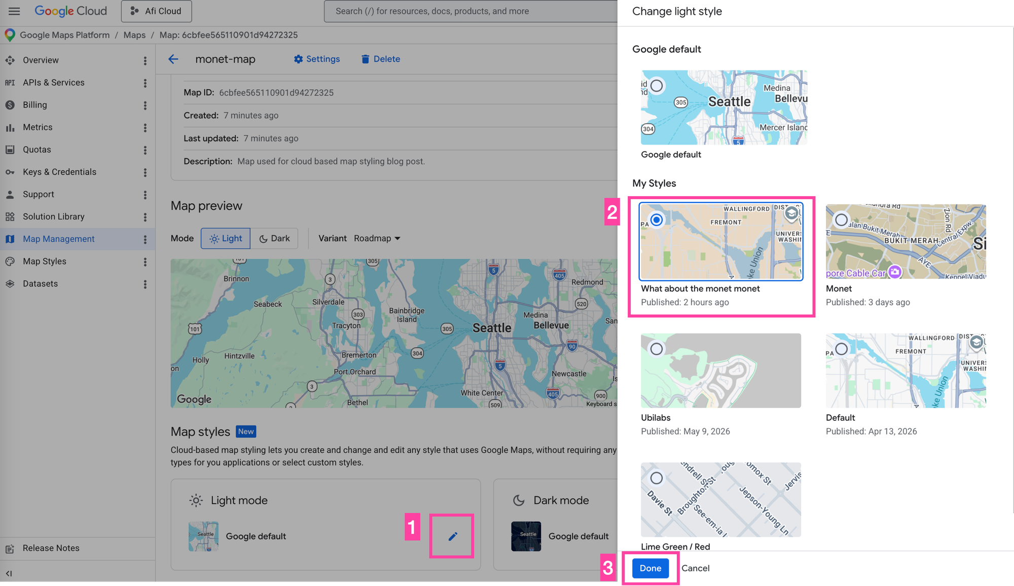 Associating a map style with a map ID in the Google Cloud Console