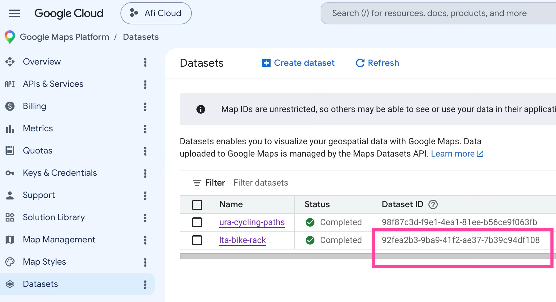 Finding the Dataset ID so that we can reference it in code