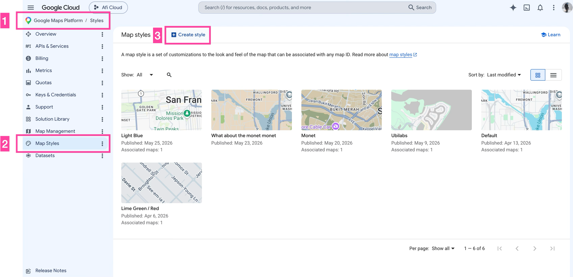 Creating a map style on the Google Cloud Console
