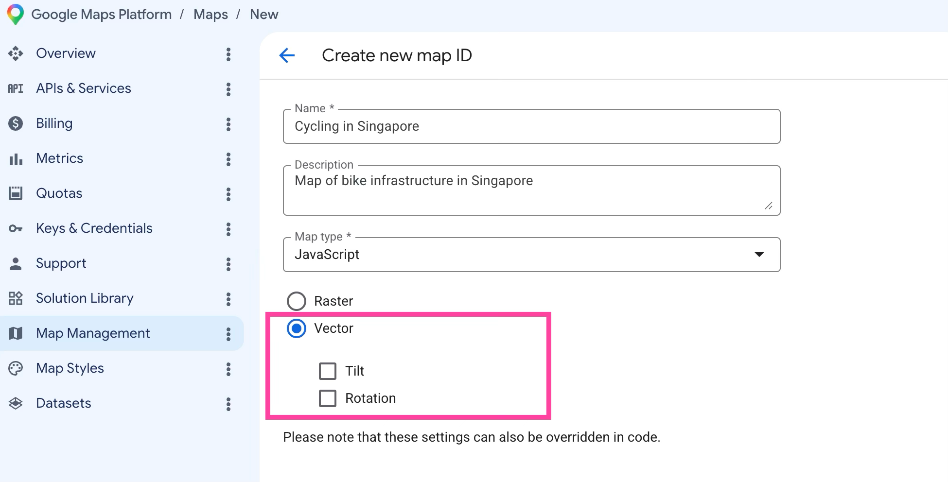Selecting a vector map as map type
