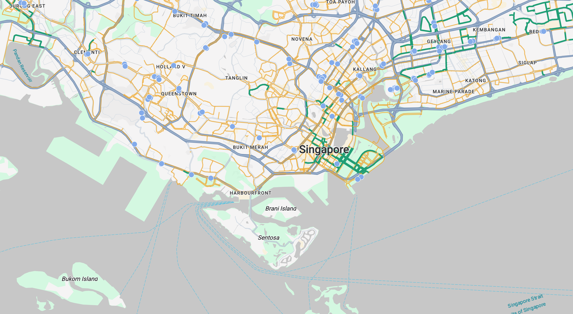 Using different colors to visualize planned vs built bike racks in Singapore