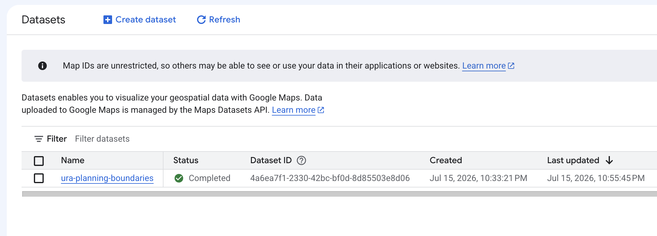The new uploaded dataset showing up in the Datasets section of the Google Cloud Console
