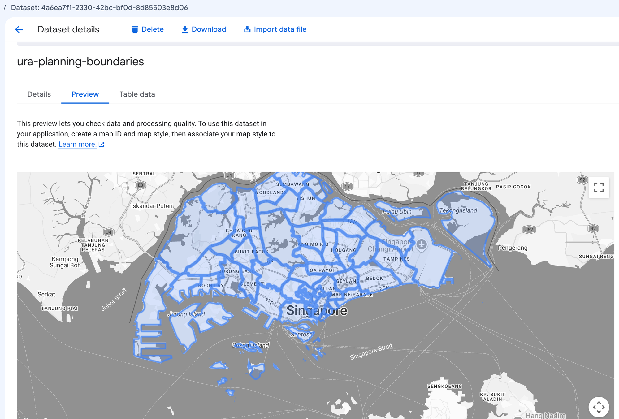 A preview of the data uploaded by the Maps Datasets API
