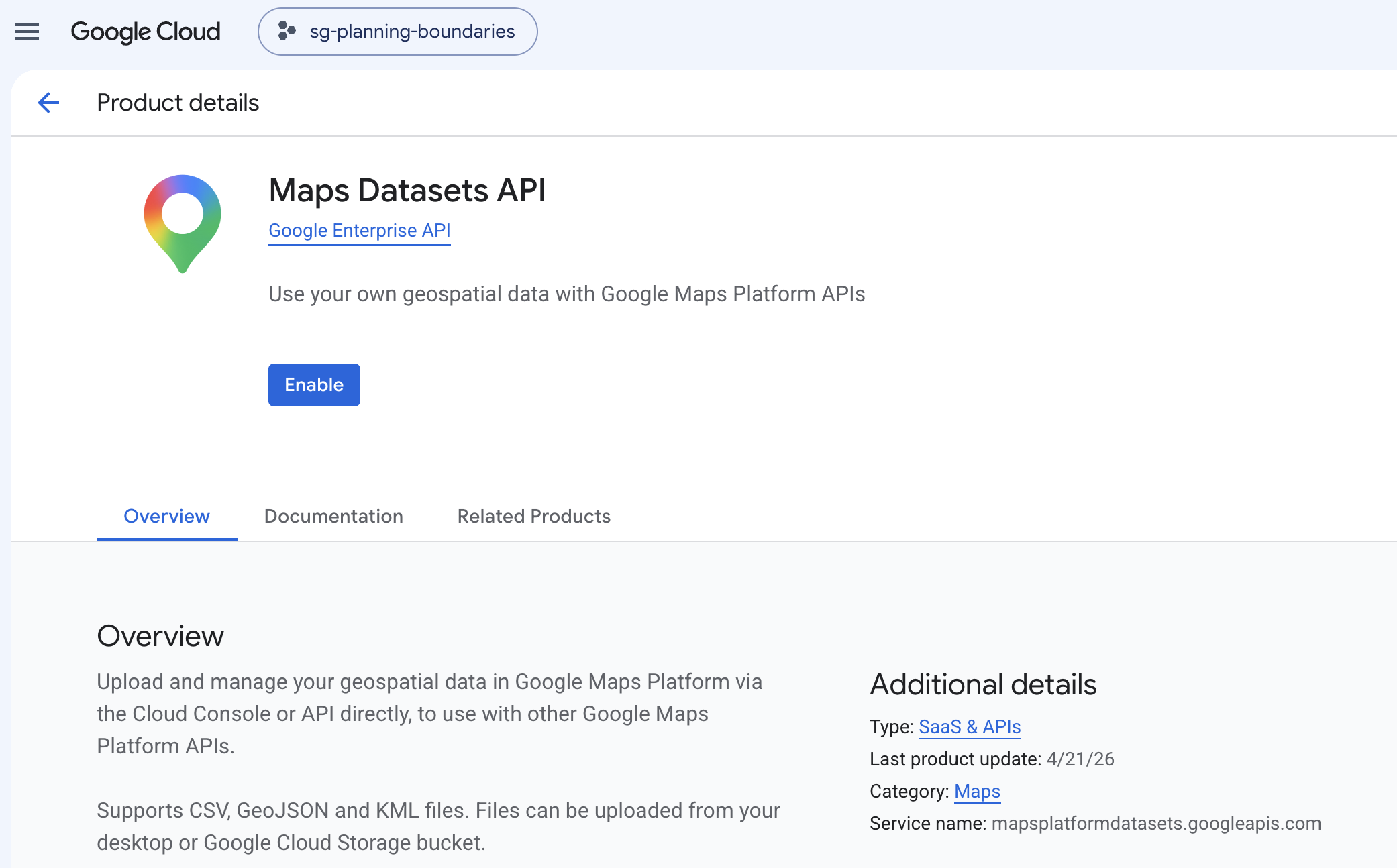 Enabling the Google Maps Datasets API in the Google Cloud Console