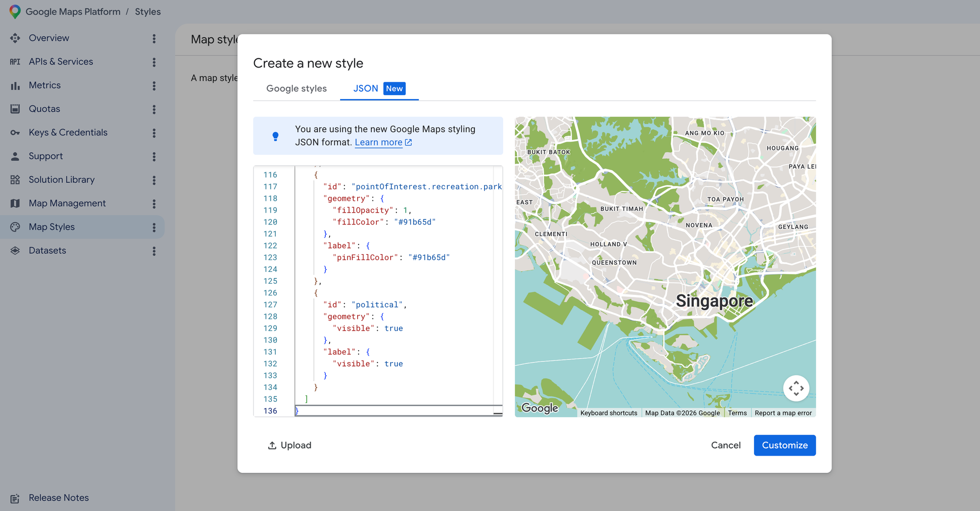 Styling a Google Map with cloud based maps styling