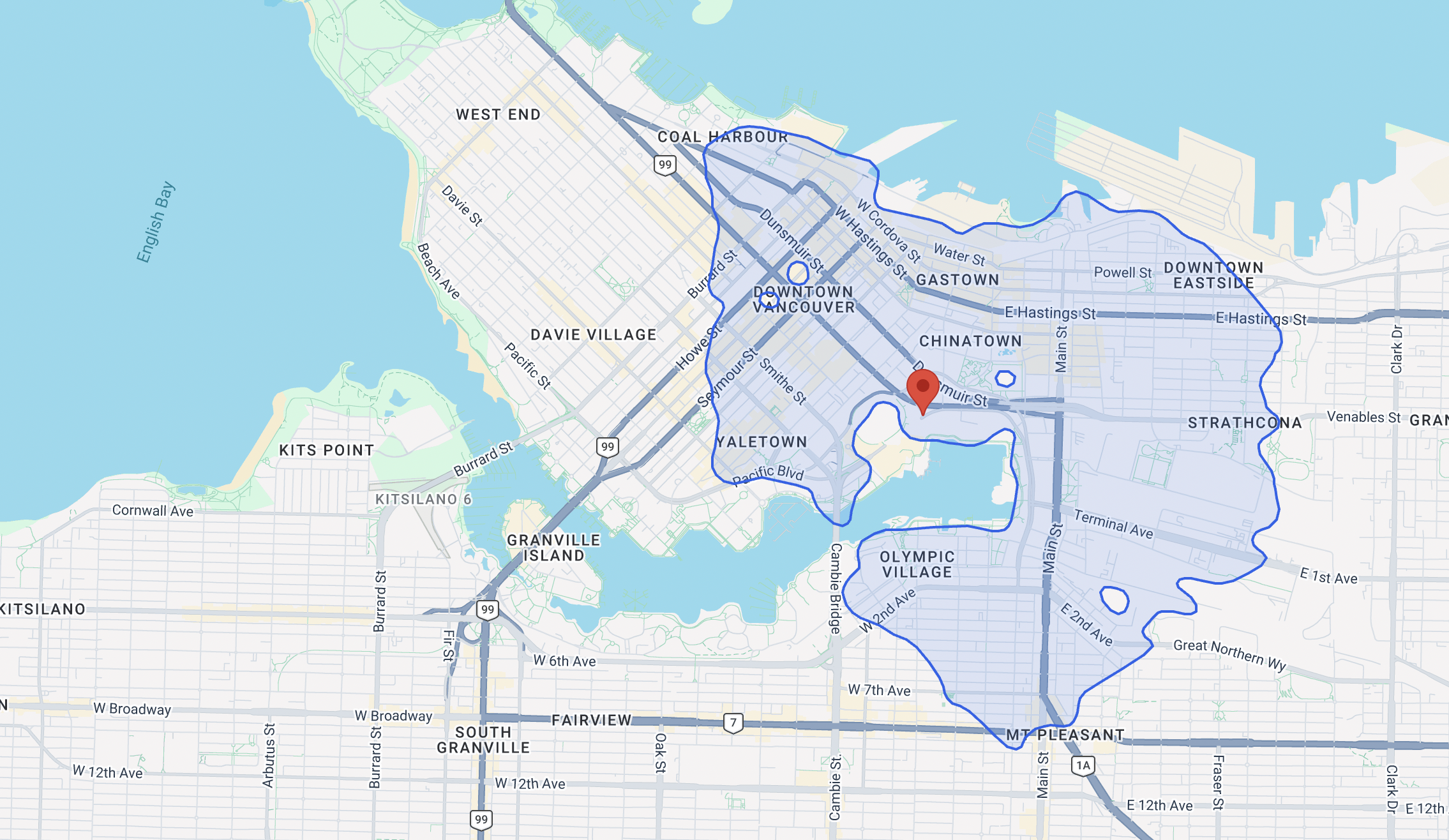 An isochrone around a location in downtown Vancouver