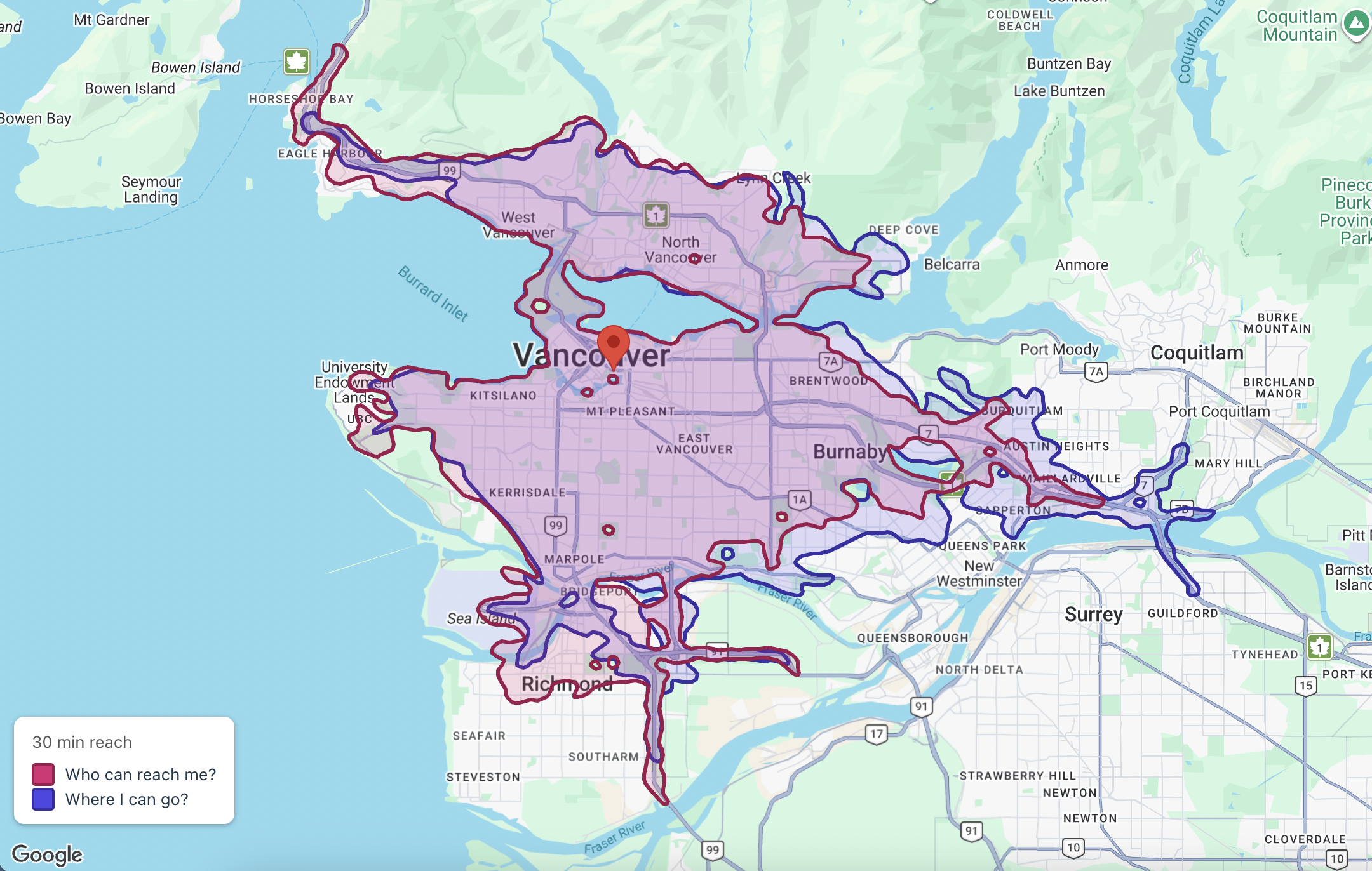 Inbound (red) vs Outbound (blue) isochrones for the same address