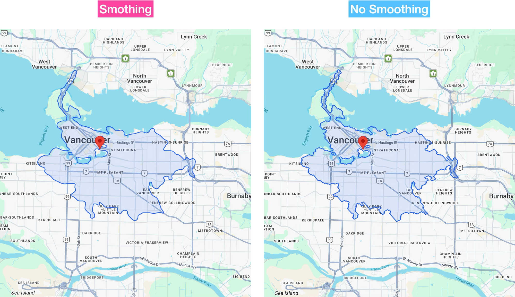 Smoothing vs Non Smoothing applied to the isochrone
