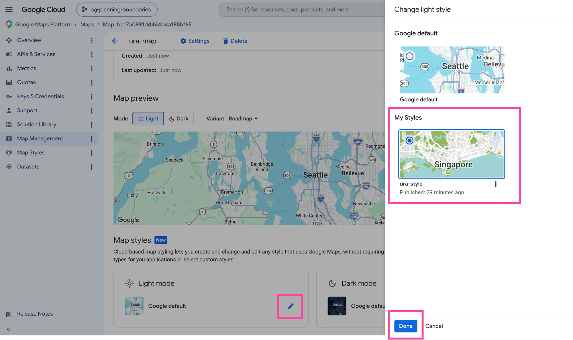 Associating a map style with a map ID on the Google Cloud Console