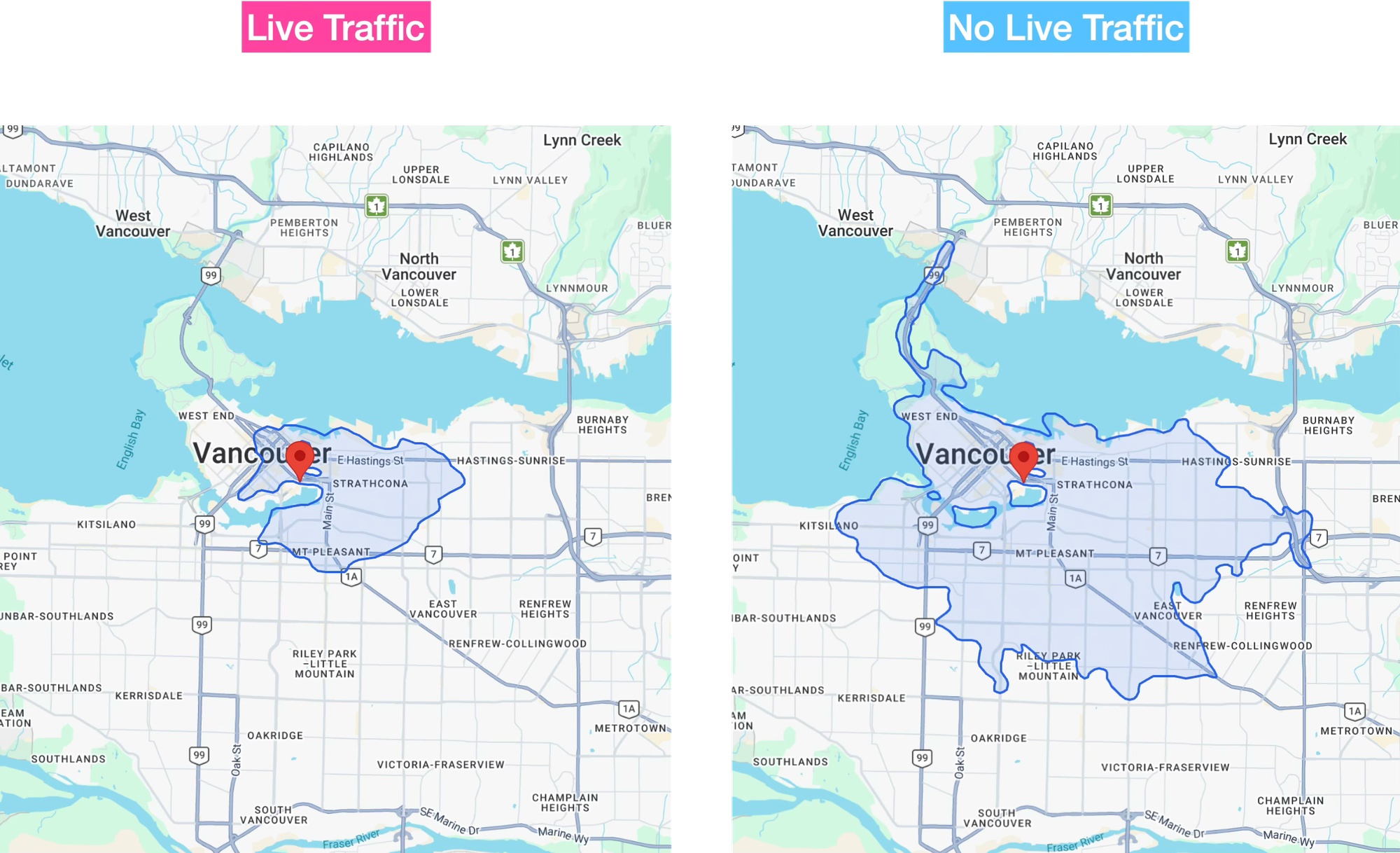 Real time traffic vs no traffic applied to the isochrone