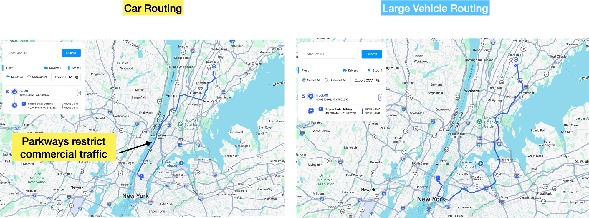 Standard 4-wheeler (car) routing vs Large Vehicle Routing in New York City