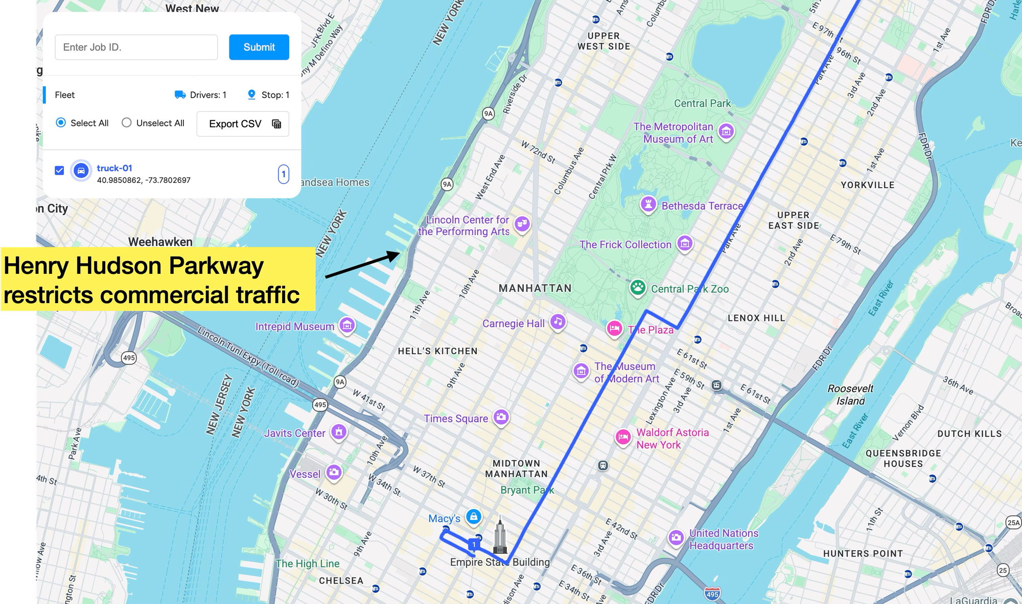 Large Vehicle Routing avoids parkways in New York City and New Jersey