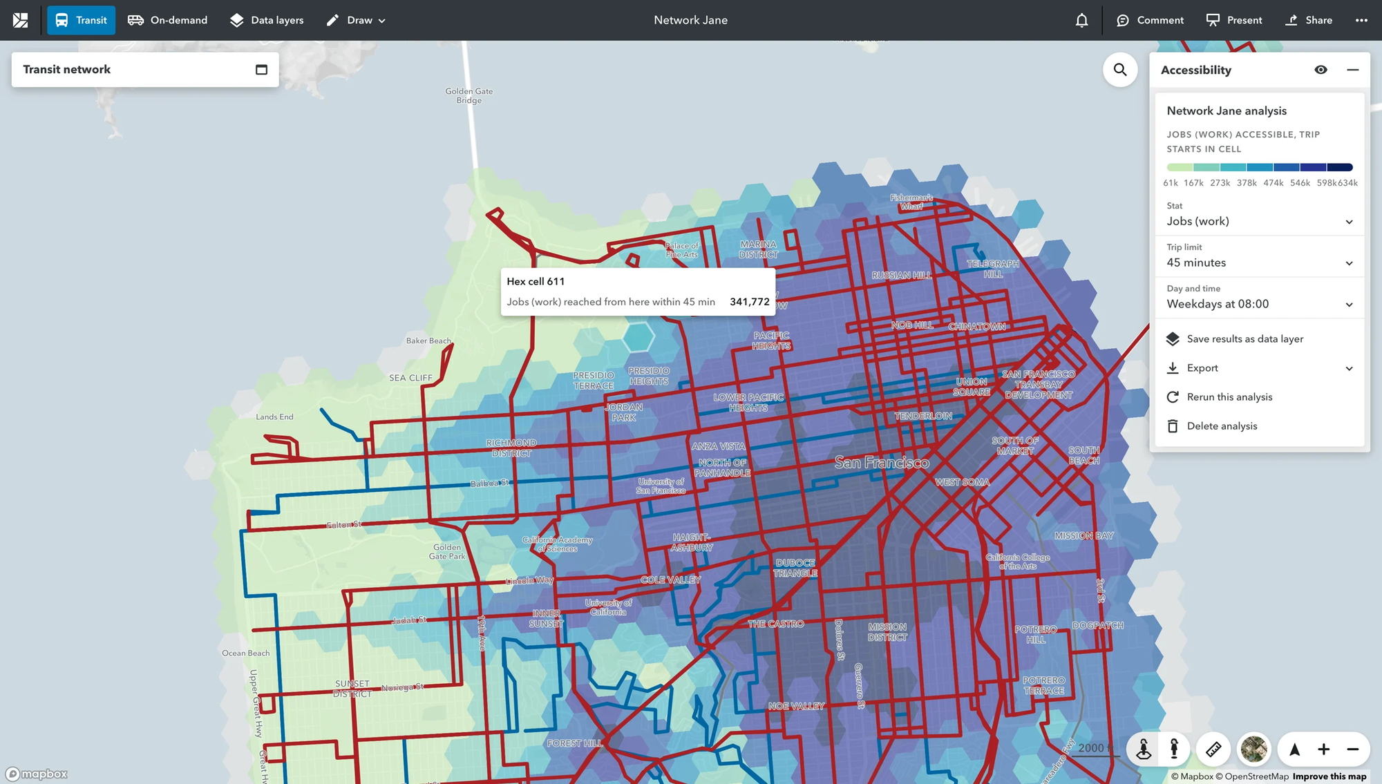 Travel time isochrone produced by Jane