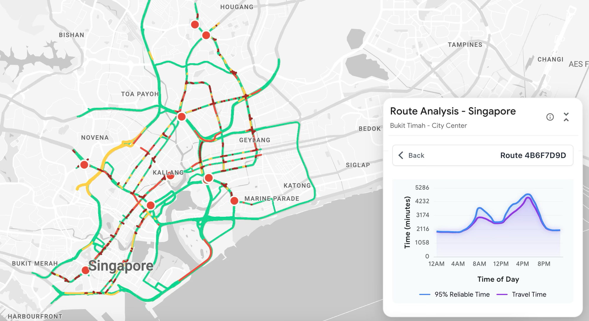 Trip durations by departure time from Road Management Insights by Google